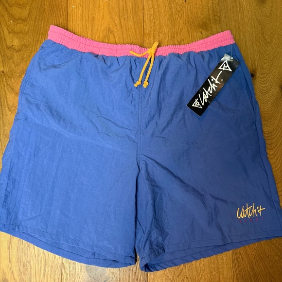 NWT Vintage 80s/90s Catchit Men’s Swim Trunks Blue Pink Sz XL